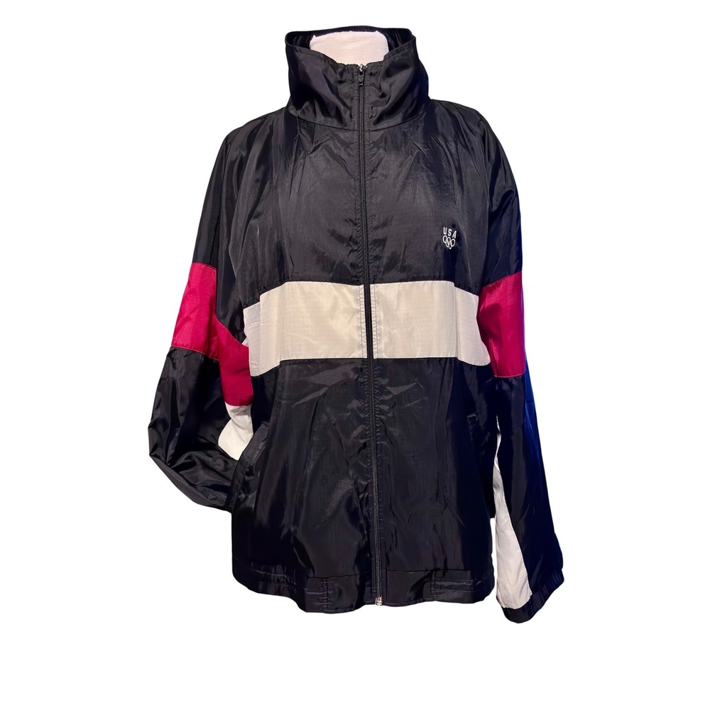 Vintage USA Olympic Windbreaker Jacket JCPenney Black White Red Full Zip Mens XL